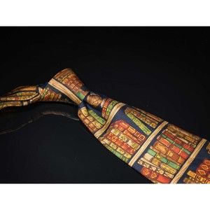 Alynn Neckwear 100% Silk Tie Navy Brown Motif "Ex Libris" Men's Designer Necktie